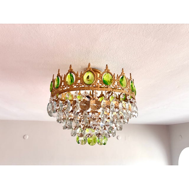 Vintage Emerald Green & Clear Crystal Crown Flush Mount Chandelier – 3 Light For Sale - Image 6 of 17
