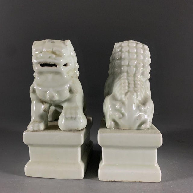 Vintage Pair of Chinese Celadon Glaze Ceramic Foo Dogs / Guardian Lions on Pedestals For Sale - Image 4 of 6
