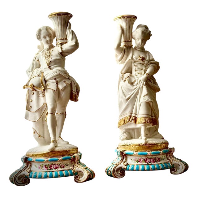 French Bisque Porcelain Figural Candlesticks, 19th Century, Set of 2 For Sale
