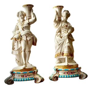 French Bisque Porcelain Figural Candlesticks, 19th Century, Set of 2