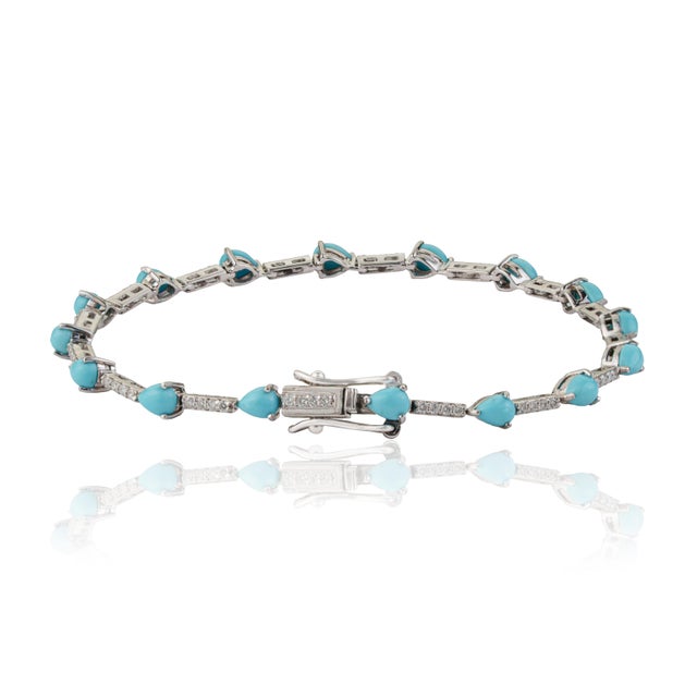 2.34ct Natural Turquoise & Diamond Station Tennis Bracelet in 14k White Gold For Sale - Image 9 of 15