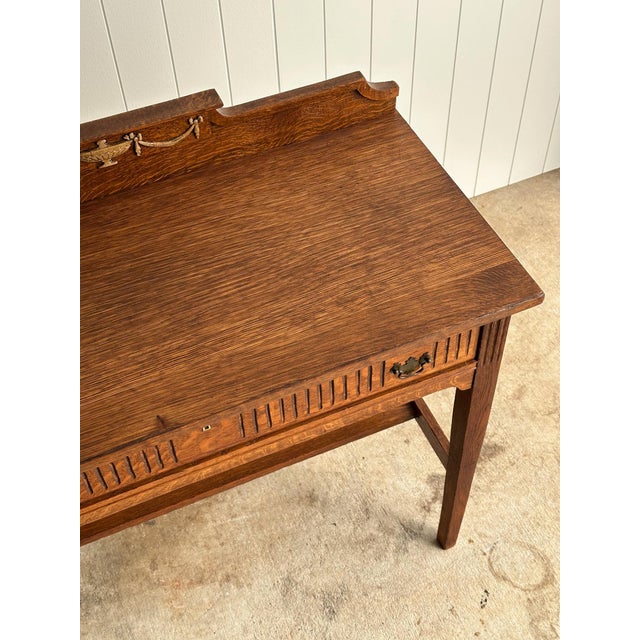 Brown Antique Oak Server Table With Neoclassical Gallery, C. 1890 For Sale - Image 8 of 17