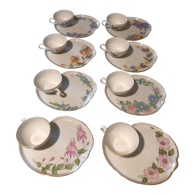 1960s Hand Painted Porcelain Tea/Coffee Dessert Set of 8 - 16 pcs For Sale