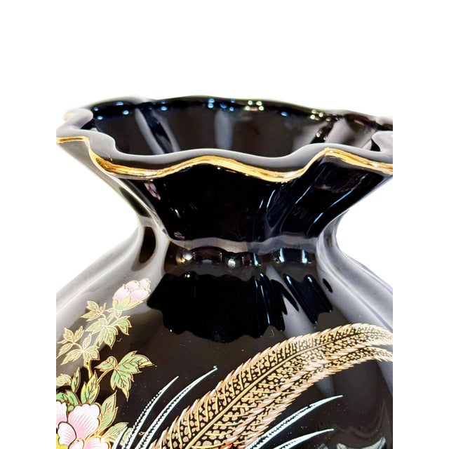 Vintage Golden Pheasant & Peony Black Porcelain Vase With Scalloped Top For Sale - Image 4 of 5