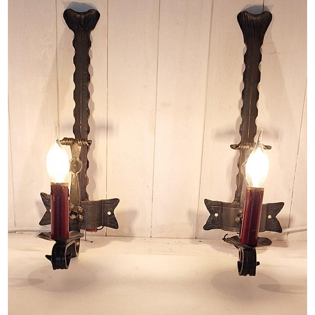 Black Vintage Rustic Wall Lamps with Wrought Iron Frames, 1970s, Set of 2 For Sale - Image 8 of 8