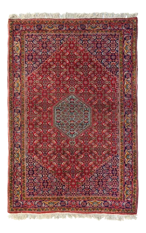 1960s Red Navy Blue Tribal Geometric Persian Bijar Small Rug