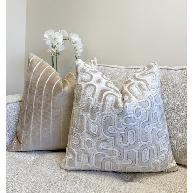 Contemporary Ivory Groove 22x22 Velvet Pillow With Feather Down Insert For Sale - Image 3 of 5