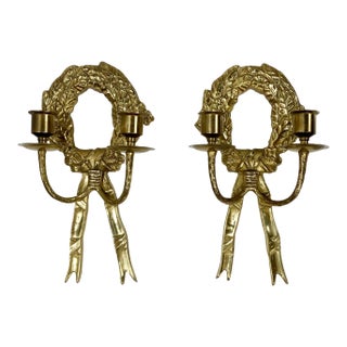 Vintage Brass Laurel Wreath Candle Wall Sconces, a Pair For Sale