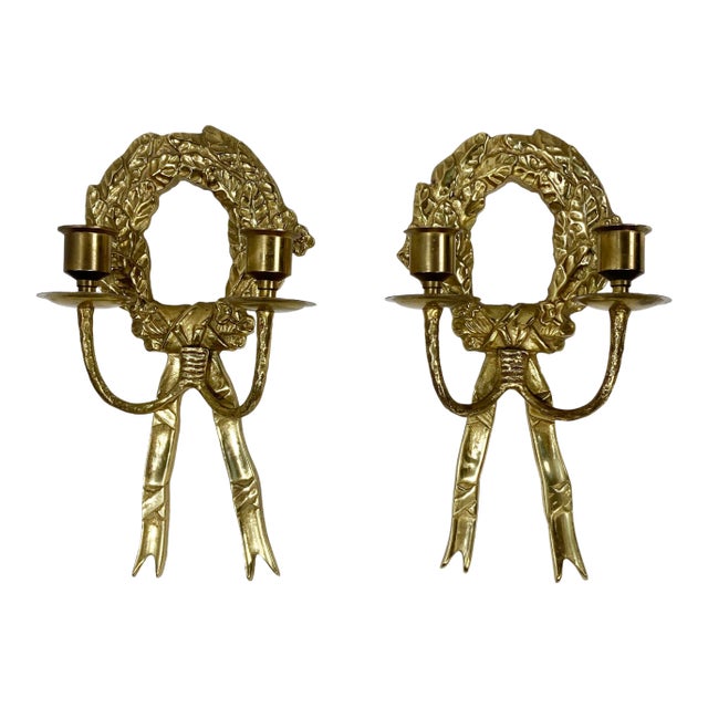 Vintage Brass Laurel Wreath Candle Wall Sconces, a Pair For Sale