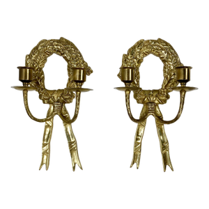 Vintage Brass Laurel Wreath Candle Wall Sconces, a Pair