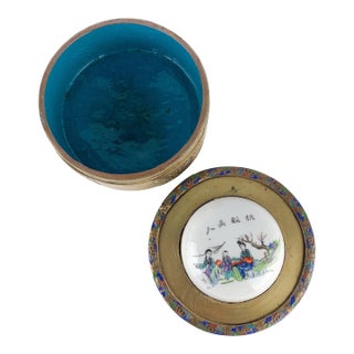 Vintage Hand Painted Floral Chinese Brass Enamel Porcelain Powder Trinket Box For Sale
