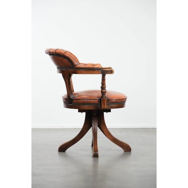 English Style Cowhide and Wood Chesterfield Office Chair with Decorative Nails For Sale - Image 3 of 17