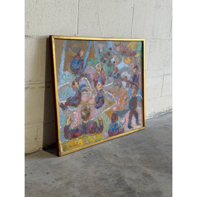 This colorful oil painting on canvas captures an expressive composition titled "Legeplads" from 1985. Created by Danish...