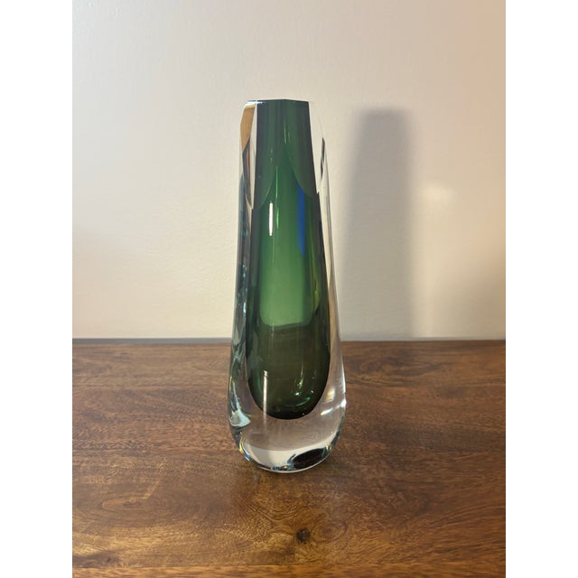 Vintage Coastal Hand Blown Green Cased Art Glass Vase With Cut Rim For Sale In Miami - Image 6 of 7