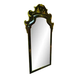 Oriental Chinese Hand Painted Ebonized Mirror, Circa 1940s'