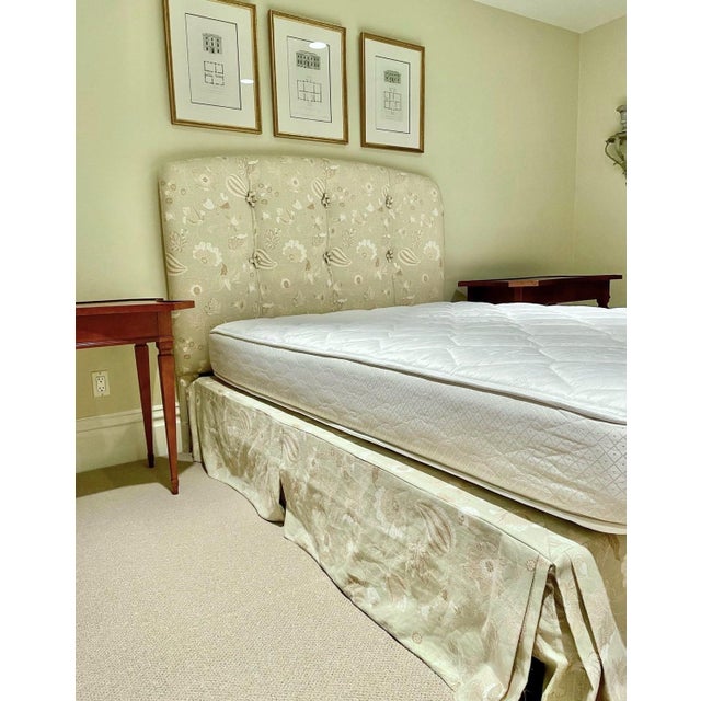 Wood Vintage Upholstered Queen Headboard With Matching Pleated Bed Skirt, Robert Allen Linen Floral in Pistachio For Sale - Image 7 of 7