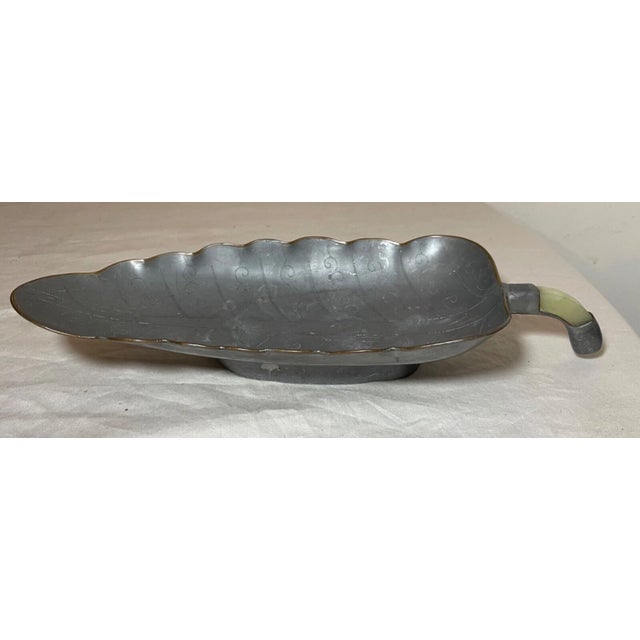 Chinese Antique Handmade Chinese Tooled Pewter Copper Jade Stone Figural Leaf Tray Dish For Sale - Image 3 of 11