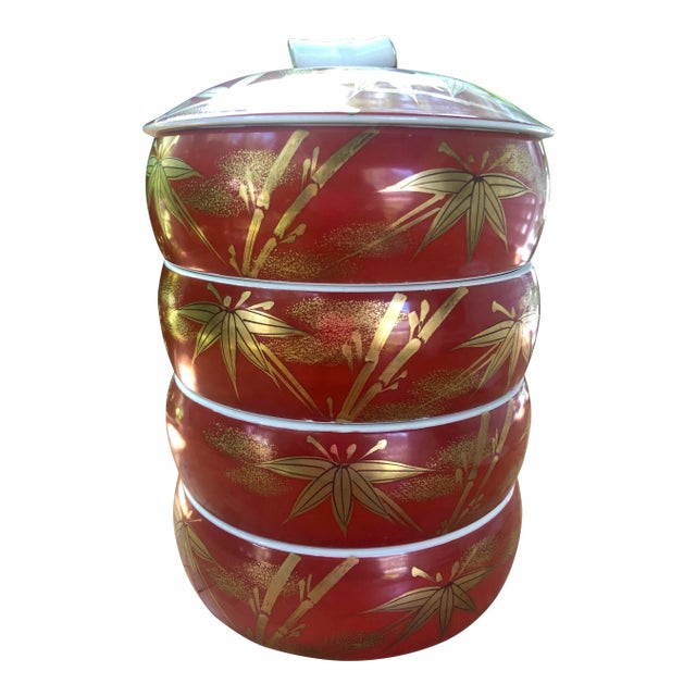 Chinese Gilt Porcelain Bamboo Jubako Wedding Jewelry Stacking Box For Sale