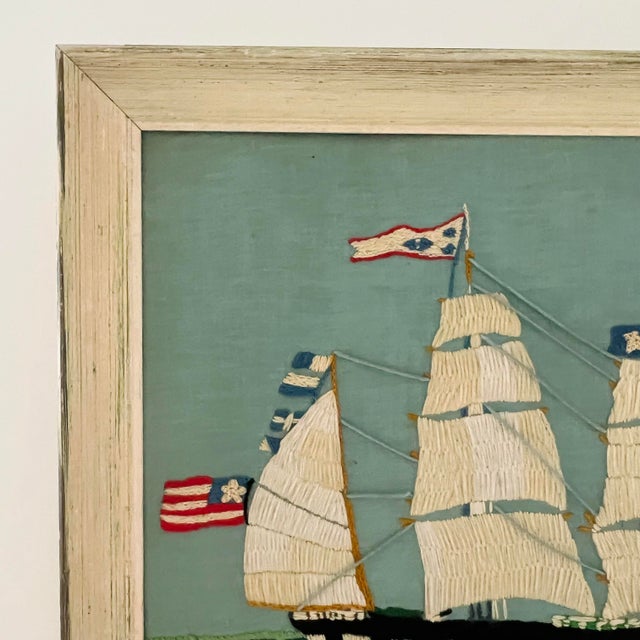 1970s Large 1970s Nautical Crewel Embroidery Clipper Ship “Nantucket Whaler” — Period Execution of Erica Wilson Design, Framed American Folk Art For Sale - Image 5 of 12
