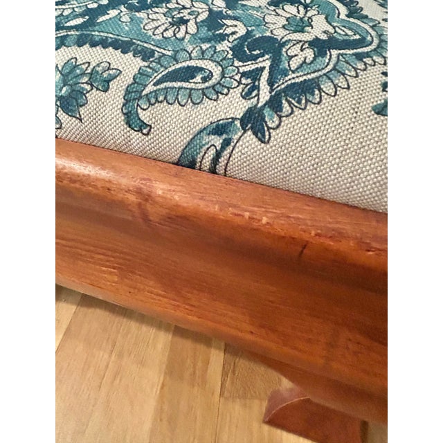 Wood Vintage Empire Style Maple Footstool With Blue and White Linen Upholstery For Sale - Image 7 of 12