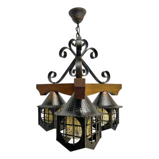Mid-Century Modern Wrougt Iron and Wood Pendant Lamp, 1970s For Sale