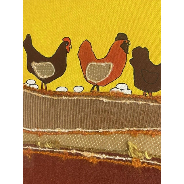 Contemporary 1980s Chickens Hens Eggs Painted Yarn Patchwork Fabrics Mixed Media Art For Sale - Image 3 of 4