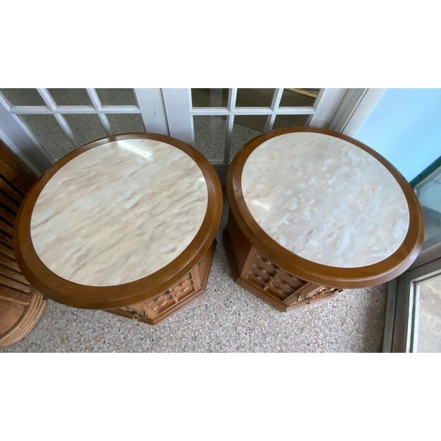 Pair of round Drum Barrel end tables with Travertine. Great for a living room, sitting room or even a bedroom. Great for a...