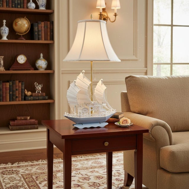 Pair of Hand-Made Vintage Nautical Style White & Blue Ship Table Lamps For Sale - Image 12 of 12