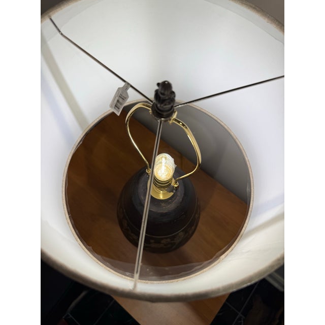 1990s Aged Brown Tall Pottery Urn Lamp With Decorative Carvings For Sale - Image 4 of 7