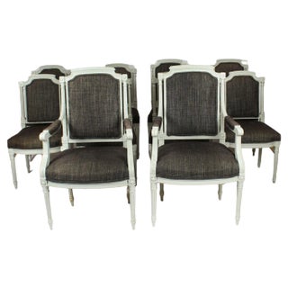 Vintage Louis XVI Revival Blue Grey Painted Dining Chairs, 1950s, Set of 10 For Sale