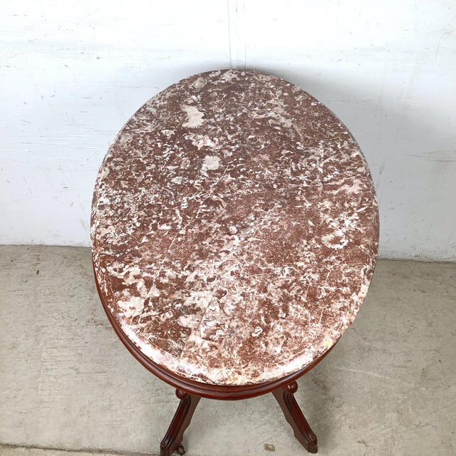 Victorian Revival Marble Top Center Table With Carved Walnut Pedestal Base For Sale - Image 17 of 18