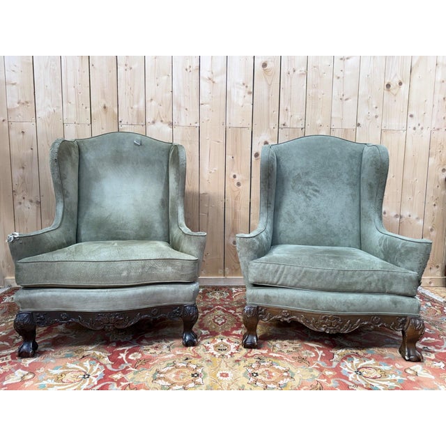 Blue George III Style Wingback Armchairs in Carved Wood, 18th Century, Set of 2 For Sale - Image 8 of 8