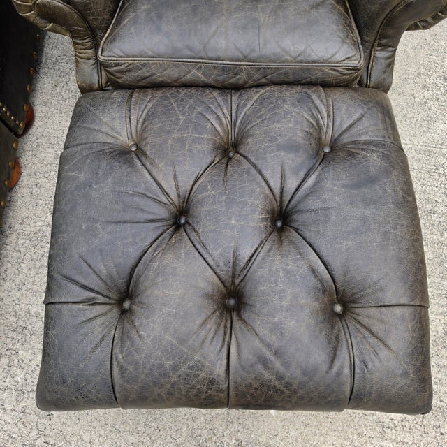 Vintage Henredon for Ralph Lauren English Chesterfield Leather Chair & Ottoman a Pair For Sale - Image 17 of 18