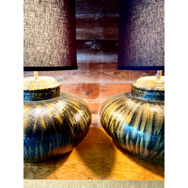 Late 20th Century Pair of Vintage Modern Monumental Table Lamps in Black + Gold Ceramic | Late 20th Century For Sale - Image 5 of 12