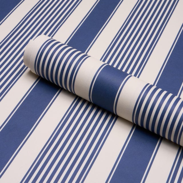 Schumacher Sample - Schumacher Summerville Stripe Wallcovering In Indigo For Sale - Image 4 of 6