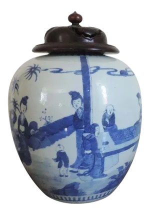 Large 19th Century Chinese Blue and White Porcelain Jar Vase with Carved Wood Cover