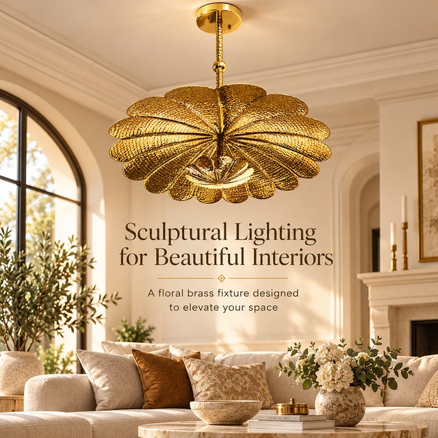 Ornamental & Decorative Materials Handmade Brass Floral Ceiling Light, Vintage Lotus Flower Chandelier, Hammered Brass Pendant Light, Scalloped Ceiling Fixture For Sale - Image 7 of 13