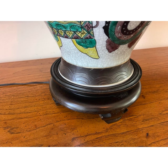Ceramic Vintage Chinoiserie Crackle Glaze Ceramic Table Lamp With Carved Wood Base For Sale - Image 7 of 12