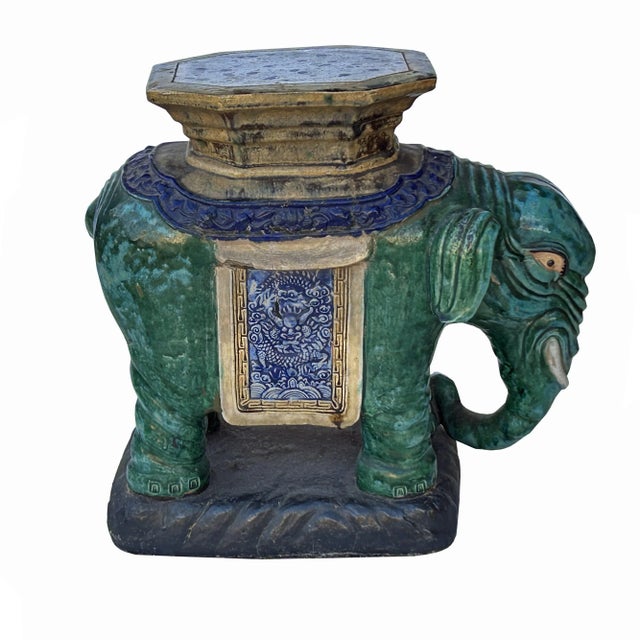 Chinese Ceramic Handmade Chinese Green Blue Oriental Elephant Pedestal Figure For Sale - Image 3 of 8