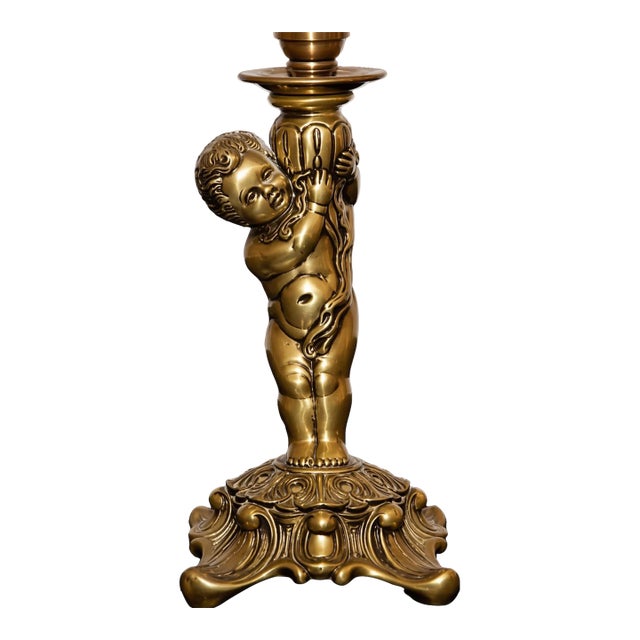 Vintage Hollywood Regency Brass Cherub Lamp W/ Slag Glass Shade – 1970s Loevsky & Lovesky For Sale