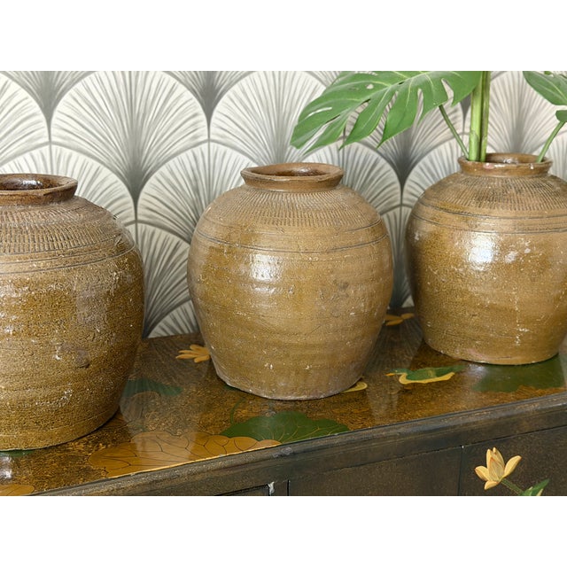 Late 20th Century Antique Chinese Terracotta Ceramic Pickling Jar Flower Pot Planter Vases - Set of 3 For Sale - Image 5 of 9