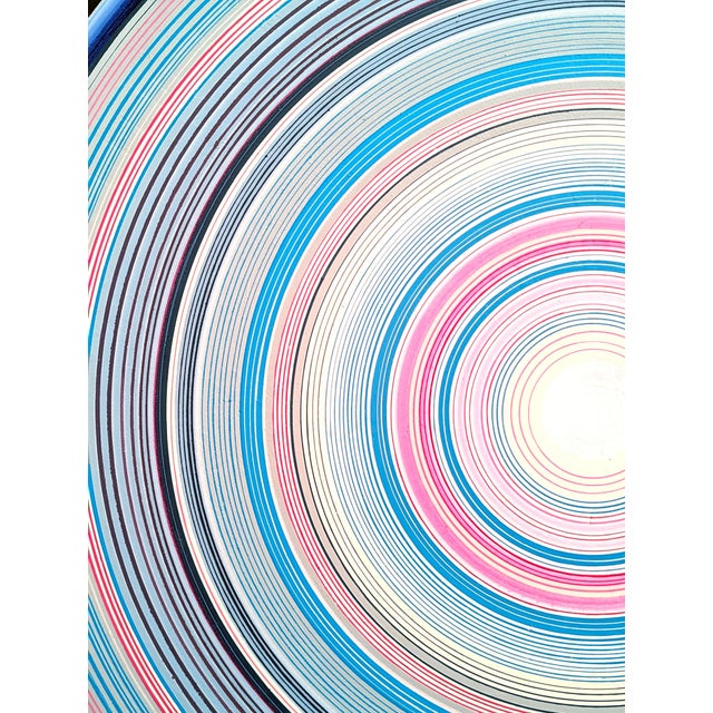 Blue, Pink, and white abstract contemporary circular painting by Houston, TX artist David Hardaker. Signed, titled, and...