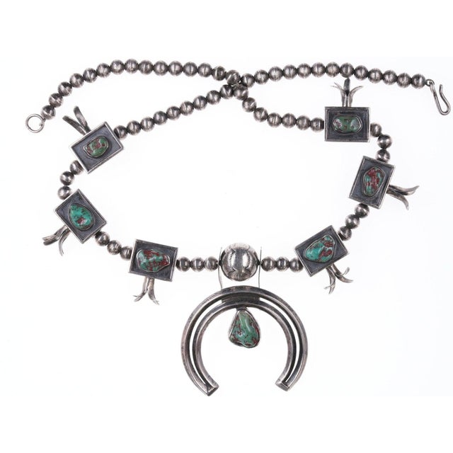 40's-50's Navajo silver squash blossom necklace. 21" long with 2.5" tall x 2<br>1/8" wide naja. No issues. 61.4...