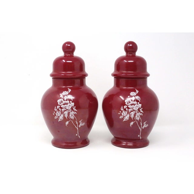 Glass Vintage Cinnamon Glass Floral Ginger Jars - a Pair For Sale - Image 7 of 7