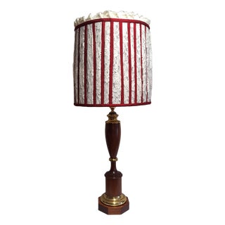 Large Vintage Table Lamp with Mahogany Base, Brass Trim and Fabric Shade, 1970s For Sale