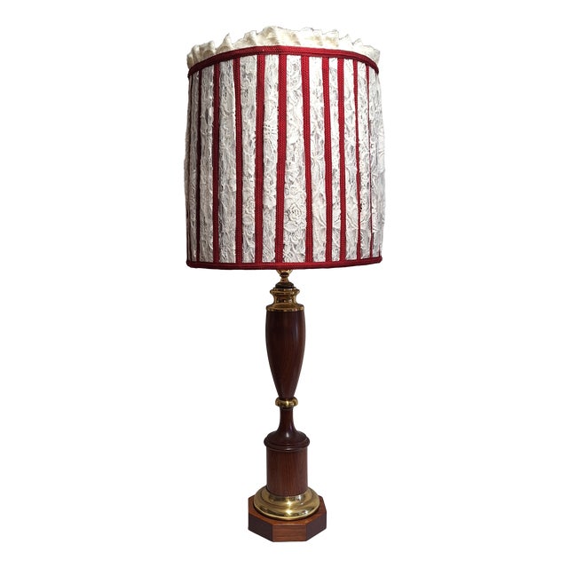Large Vintage Table Lamp with Mahogany Base, Brass Trim and Fabric Shade, 1970s For Sale