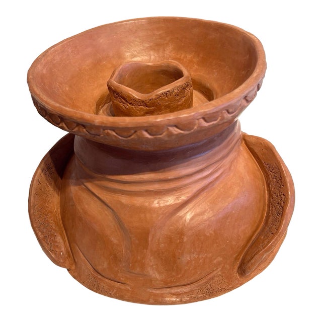 Vintage South American Unglazed Terra Cotta Candle Holder Vase Vessel For Sale
