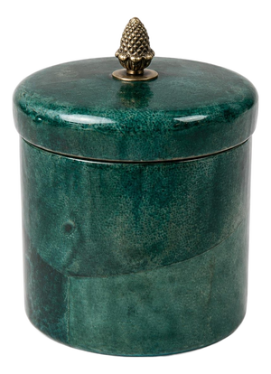 Rare Vintage Lacquered Goatskin Cylinder Box in the Style of Aldo Tura With Brass Pinecone Finial