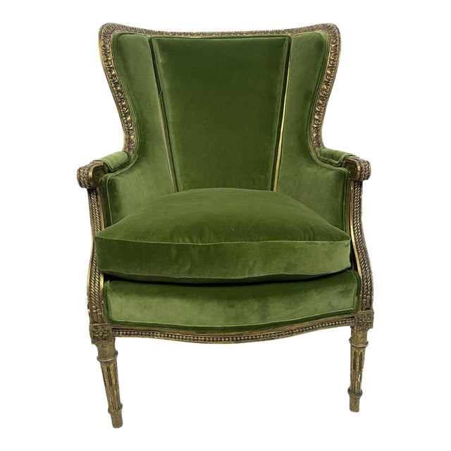 1910s Louis XVI Style Giltwood Carved Bergere Chair With Green Velvet For Sale