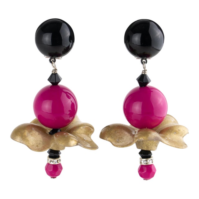 Angela Caputi Fuchsia and Gold Dust Resin Dangle Flamenco Floral Clip Earrings For Sale